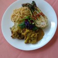 Thai curry, lemon grass and coconut chicken. Sesame and soy marinated Asian noodles. Chile and ginger braised baby bok choy.