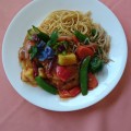 Szechuan spiced chicken and Chinese vegetable stir fry. Sesame and soy marinated Asian noodles.